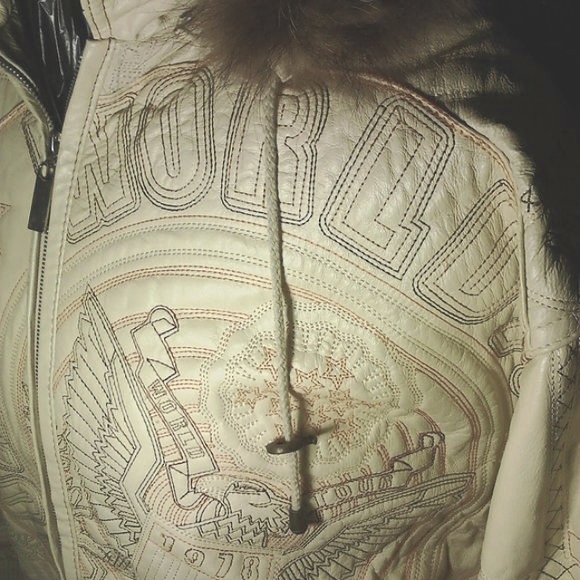 World Tour Embroidered Graphics Removable Hooded Leather Jacket Men's 2XL Cream - Picture 4 of 13